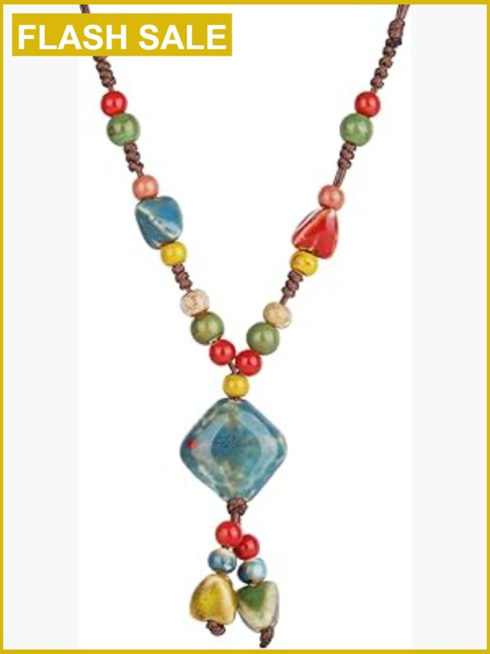 Boho Beaded Necklace - Handmade Ceramic Tribal Jewelry with Adjustable Cord,